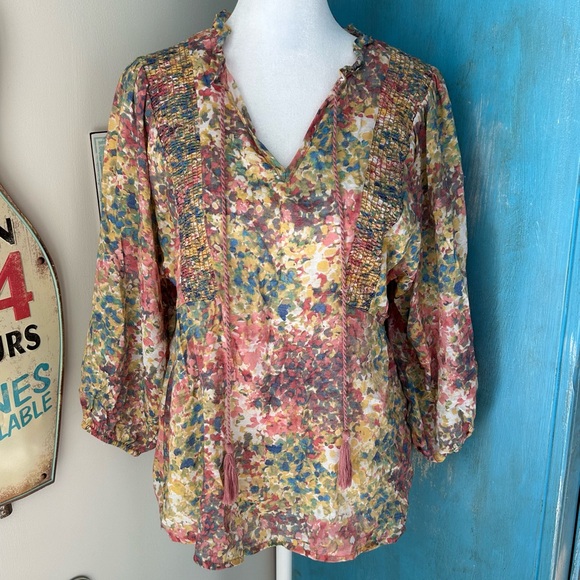 Sharagano Tops - Sharagano Abstract Smocked Peasant Blouse